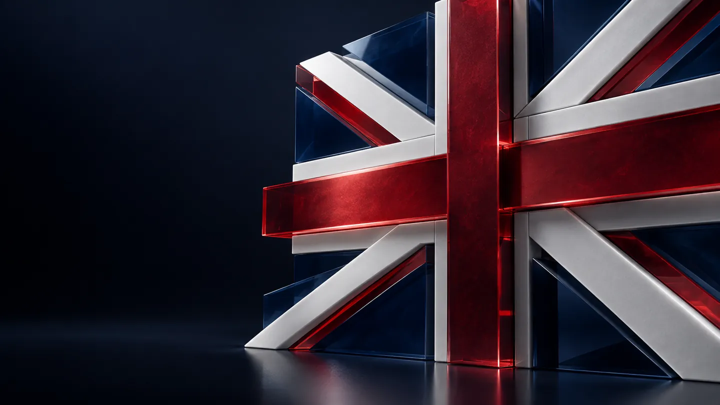 Union Jack geometry crafted from crimson glass, pearl ceramic and midnight-blue panels