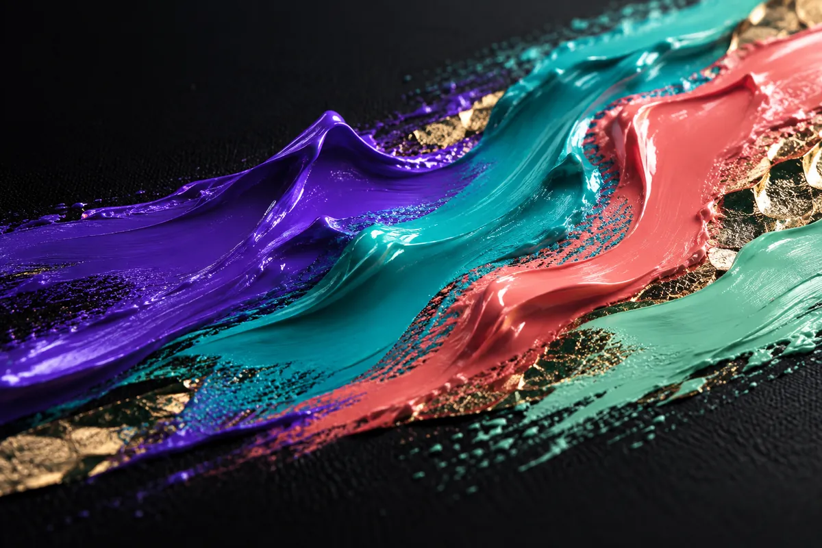 Glossy violet, teal and coral ink with fine textile and foil textures