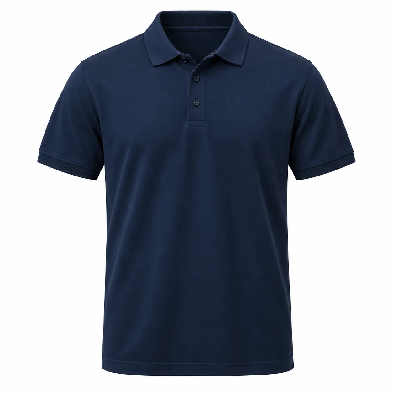Front view of a navy polo shirt used for the logo placement demonstration