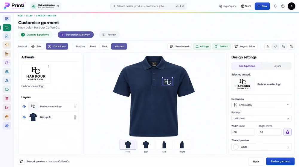 Garment editor concept showing sample Harbour Coffee Co. artwork on a navy polo.