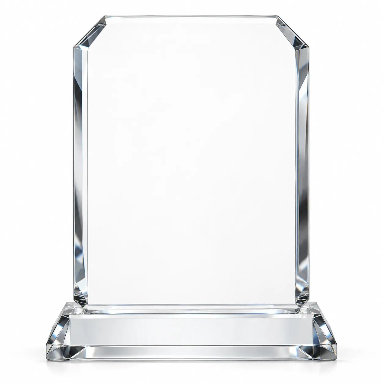 Front view of a blank bevelled crystal award used for the engraving design demonstration